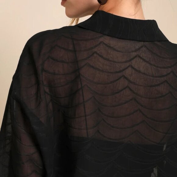 Lulus "Elevated Perception" Black Sheer Wavy Button-Up Top - NWOT - Picture 4 of 5